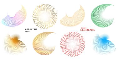 Tasarım elemanı çemberini ayarla İzole edilmiş koyu renk vektör altın halkadan. Harmanlama Aracı kullanılarak oluşturulan birçok parlak girdabın soyut dalgalı çizgileri. Sunumunuz için vektör illüstrasyonu EPS10