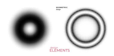 Tasarım ögeleri sembolünü düzenlenebilir yarım ton çerçeve nokta çember desenini beyaz arkaplanda ayarla. Vektör illüstrasyonunda siyah rastgele noktalar var. Yarım ton çember noktası metni kullanarak kenarlık simgesini yuvarla