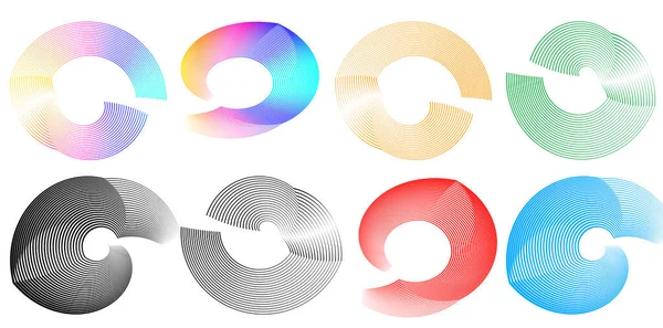 デザイン要素の円を設定します 分離された太字ベクトルは黄金のリングを着色する 抽象ブレンドツールを使用して作成された多くの輝く渦の波状の縞を輝きます プレゼンテーション用ベクトルイラストEps10 — ストックベクタ