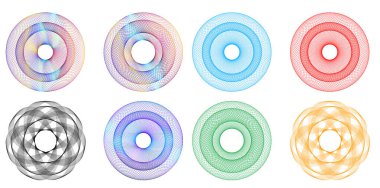 Tasarım elemanı çemberini ayarla İzole edilmiş koyu renk vektör altın halkadan. Harmanlama Aracı kullanılarak oluşturulan birçok parlak girdabın soyut dalgalı çizgileri. Sunumunuz için vektör illüstrasyonu EPS10