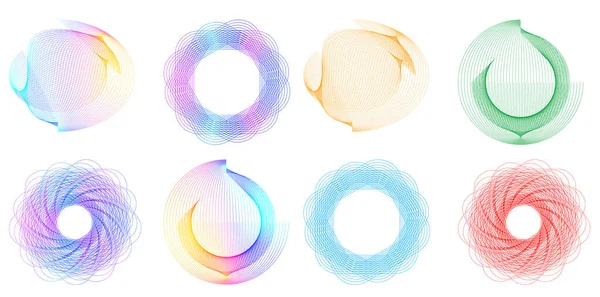 デザイン要素の円を設定します 分離された太字ベクトルは黄金のリングを着色する 抽象ブレンドツールを使用して作成された多くの輝く渦の波状の縞を輝きます プレゼンテーション用ベクトルイラストEps10 — ストックベクタ