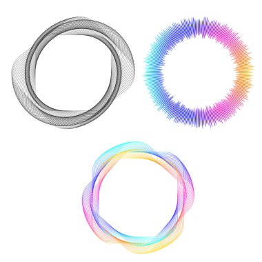 Tasarım elemanı çemberini ayarla İzole edilmiş koyu renk vektör altın halkadan. Harmanlama Aracı kullanılarak oluşturulan birçok parlak girdabın soyut dalgalı çizgileri. Sunumunuz için vektör illüstrasyonu EPS10