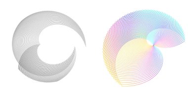 Tasarım elemanı çemberini ayarla İzole edilmiş koyu renk vektör altın halkadan. Harmanlama Aracı kullanılarak oluşturulan birçok parlak girdabın soyut dalgalı çizgileri. Sunumunuz için vektör illüstrasyonu EPS10