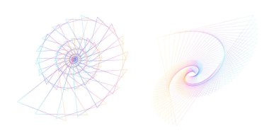 Büküm çizgilerinin beyaz arka planında soyut spiral gökkuşağı tasarımı ögesi. Vektör İllüstrasyonu, geleneksel oran vektör ikonu Fibonacci spiralinin 10 Altın oranına ulaştı. Zarif kartvizit için