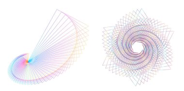 Büküm çizgilerinin beyaz arka planında soyut spiral gökkuşağı tasarımı ögesi. Vektör İllüstrasyonu, geleneksel oran vektör ikonu Fibonacci spiralinin 10 Altın oranına ulaştı. Zarif kartvizit için