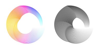 Tasarım elemanları. Bir sürü mor çizgi çemberi dalgası. Beyaz arka planda soyut dalgalı çizgiler izole edildi. Vektör illüstrasyon EPS 10. Harmanlama Aracı kullanılarak oluşturulan çizgilerle renkli dalgalar