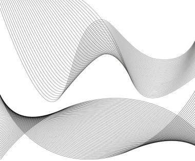 Tasarım elemanları. Bir sürü gri çizgi dalgası. Beyaz arka planda soyut dalgalı çizgiler izole edildi. Yaratıcı çizgi sanatı. Vektör illüstrasyon EPS 10. Blend Aracı kullanılarak oluşturulan çizgilerle siyah parlak dalgalar.