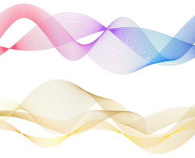 Tasarım elemanları. Bir sürü parlak çizgi dalgası. Soyut çember, beyaz arka planda parlayan dalgalı bir şekil. Yaratıcı çizgi sanatı. Düğün davetiyesi için vektör illüstrasyon EPS 10 sanat deco biçimi