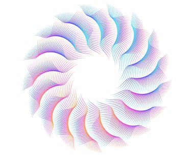 Tasarım elemanları. Bir sürü parlak çizgi dalgası. Soyut çember, beyaz arka planda parlayan dalgalı bir şekil. Yaratıcı çizgi sanatı. Düğün davetiyesi için vektör illüstrasyon EPS 10 sanat deco biçimi