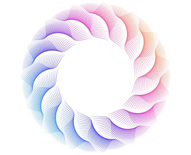 Tasarım elemanları. Bir sürü parlak çizgi dalgası. Soyut çember, beyaz arka planda parlayan dalgalı bir şekil. Yaratıcı çizgi sanatı. Düğün davetiyesi için vektör illüstrasyon EPS 10 sanat deco biçimi