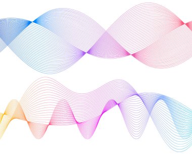 Tasarım elemanları. Bir sürü parlak çizgi dalgası. Soyut çember, beyaz arka planda parlayan dalgalı bir şekil. Yaratıcı çizgi sanatı. Düğün davetiyesi için vektör illüstrasyon EPS 10 sanat deco biçimi