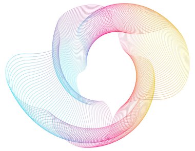 Entelektüeller tasarım elementleri. Çemberin etrafında bir sürü çizgi dalgası. Beyaz arka planda soyut dalgalı çizgiler izole edildi. Vektör illüstrasyon EPS 10. Harmanlama Aracı kullanılarak oluşturulan çizgilerle renkli dalgalar