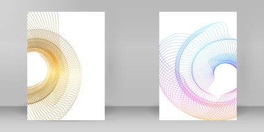 Çok amaçlı sunum için iş şablonları. Kolay düzenlenebilir vektör spiralleri çizgileri. Yeni ürün bültenleri, teknoloji grafikleri, rapor firması ve etkinlik partisi için A4 format tanıtımı tasarımı broşürü