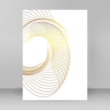Reklam broşürü tasarım elemanları spiraller, çizgiler, çember. Beyaz arka plandaki soyut altın element izole edildi. şablon broşürü A4 biçimi, yerleşim broşürü, kafe menü kartı