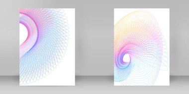 Reklam broşürleri tasarımı elementler daire çizgileri dalgalar. Beyaz arka plandaki soyut altın element izole edildi. şablon broşürü A4 biçimi, yerleşim broşürü, kafe menü kartı