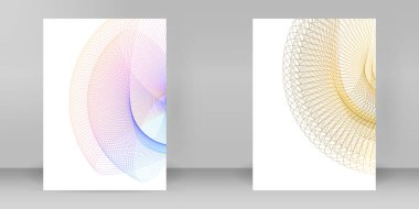 Reklam broşürleri tasarımı elementler daire çizgileri dalgalar. Beyaz arka plandaki soyut altın element izole edildi. şablon broşürü A4 biçimi, yerleşim broşürü, kafe menü kartı