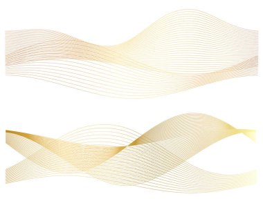 Altın çizgilerin dalgası. Beyaz arka planda soyut dalgalı çizgiler izole edilmiş. Yaratıcı çizgi sanatı. Vektör illüstrasyon EPS 10. Karıştırma Aracı kullanılarak dizayn ögeleri oluşturuldu. Eğik düz bant