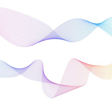 Renkli çizgilerin dalgası. Beyaz arka planda soyut dalgalı çizgiler izole edilmiş. Yaratıcı çizgi sanatı. Vektör illüstrasyon EPS 10. Karıştırma Aracı kullanılarak dizayn ögeleri oluşturuldu. Eğik düz bant