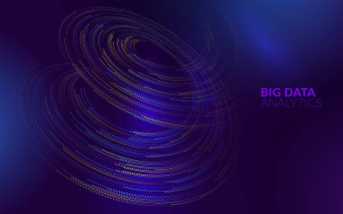 Koyu Mavi Arkaplanda Parlayan Noktalar ve Dijital Girdaplarla Geleceğin Büyük Veri Analizi Görselleştirmesi