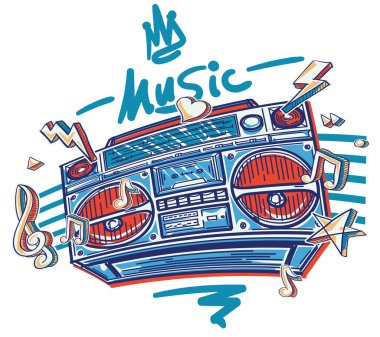 Müzik tasarımı - müzik notaları ile birlikte eğlenceli renkli çizilmiş teyp kaydedicisi