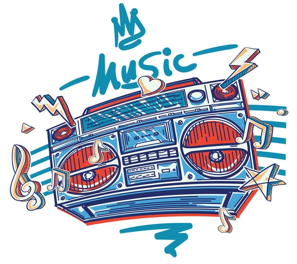 Μουσικός Σχεδιασμός Funky Πολύχρωμο Ζωγραφισμένο Κασετόφωνο Μουσικές Νότες — Διανυσματικό Αρχείο