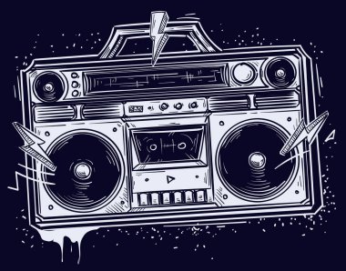 Tek renkli el çizilmiş teyp teybi müzik grafitisi.