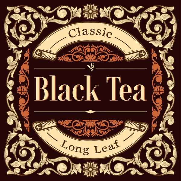 Fekete Tea Díszes Évjárat Dekoratív Címke — Stock Vector