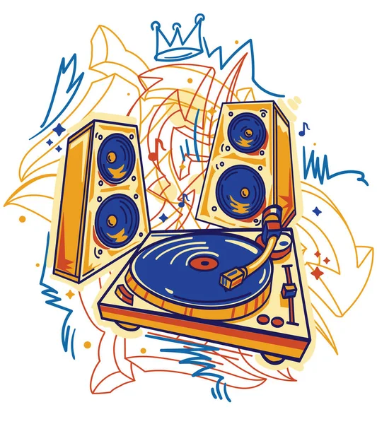 Drawn Turntable Speakers Graffiti Arrows Colorful Funky Music Design — Wektor stockowy