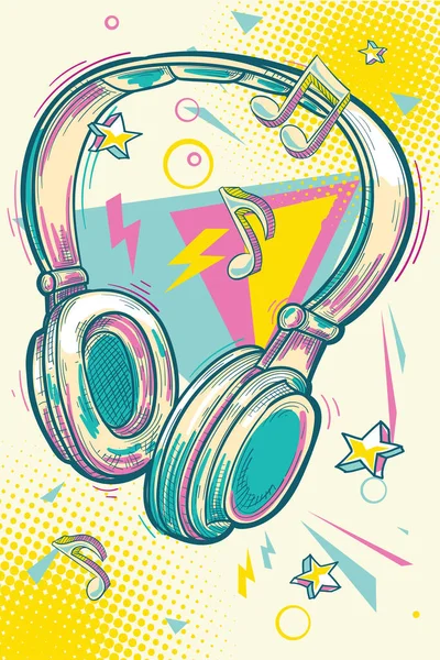 Conception Musicale Graffitis Colorés Dessinés Écouteurs Musicaux Notes — Image vectorielle