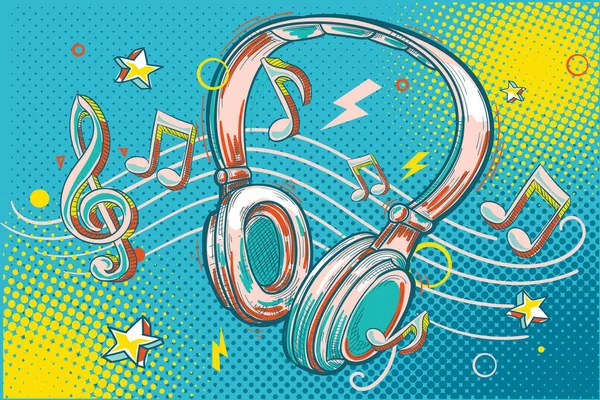 Diseño Musical Auriculares Musicales Dibujados Mano Con Clave Notas — Vector de stock