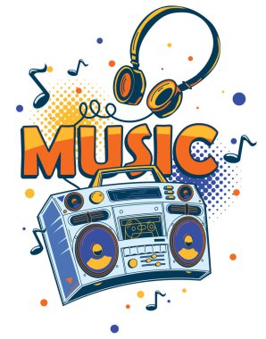 Müzik tasarımı - renkli funky çizilmiş boombox ve kulaklıklar