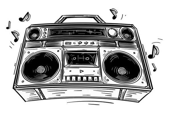 Drawn Boom Box Tape Recorder Musical Notes — Stock Vector