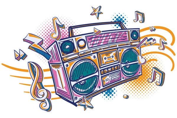 Design Musical Funky Coloré Dessiné Magnétophone Boom Box Avec Des — Image vectorielle