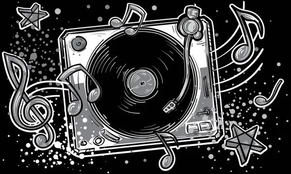 Черно Белый Музыкальный Дизайн Виниловый Проигрыватель Ноты Граффити — стоковый вектор