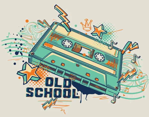 Old School Funky Kleurrijke Muziek Audio Cassette Ontwerp Met Noten Stockillustratie