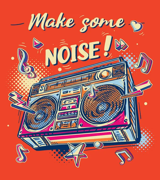 Make Some Noise Musical Design Colorful Drawn Boombox — Stock Vector