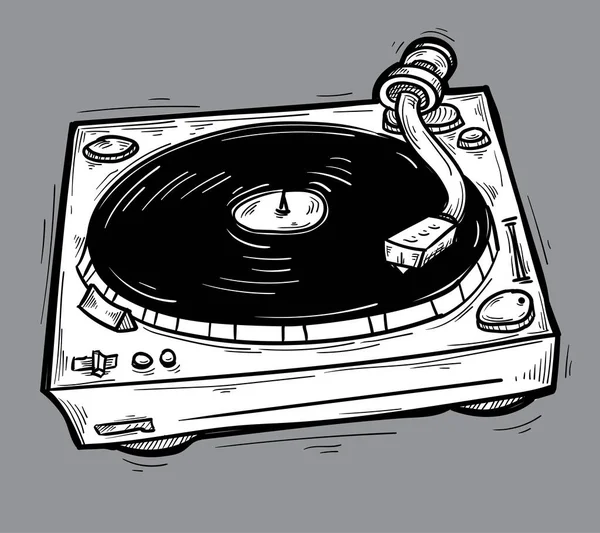 Drawn Monochrome Musical Turntable Vinyl Record Player — Stock Vector
