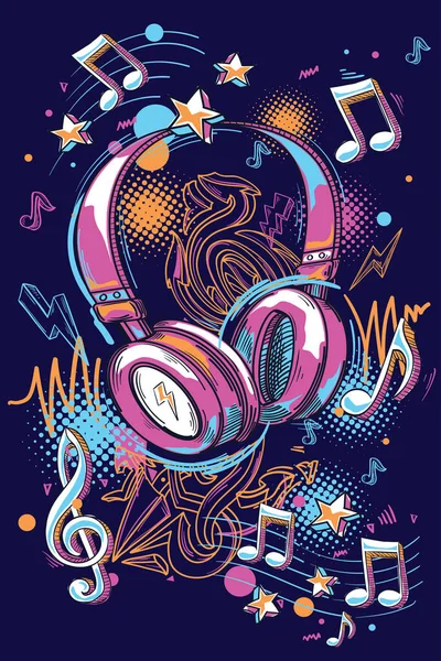 Music Design Colorful Drawn Headphones Musical Notes — Stock Vector