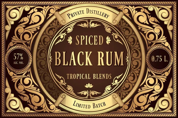 Black Rum Golden Ornate Retro Decorative Label — Wektor stockowy