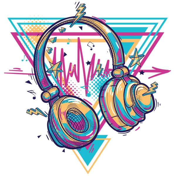 Music Design Drawn Colorful Musical Headphones Notes — Stock Vector