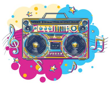 Müzik tasarımı - renkli çizilmiş teyp teybi ve müzik notaları