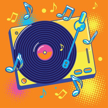 Müzik tasarımı - Renkli retro müzikal vinil müzik çalar ve notalar