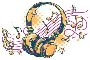 Müzik tasarımı - renkli çizilmiş müzik kulaklıkları ve notalar