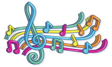 Müzikal melodi - funky renkli anahtar ve notalar dekoratif tasarım