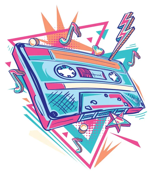 Drawn Colorful Musical Audio Cassette Design — Stock Vector