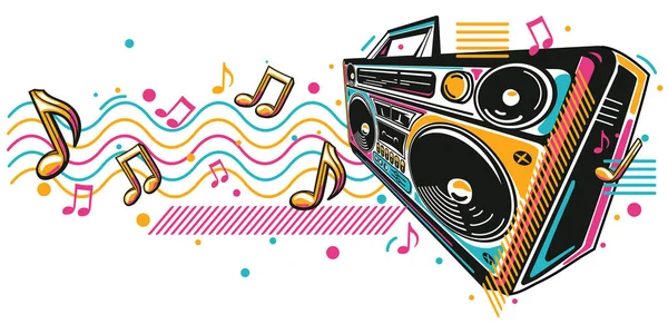 Music Design Colorful Boom Box Tape Recorder Musical Notes — Vettoriale Stock