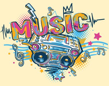Fiyakalı graffiti okları arka planı, el çizimi müzik tasarımı olan müzik teybi.