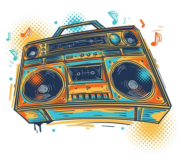 音楽のデザイン カラフルな描かれたブームボックスのテープレコーダーと音楽ノート — ストックベクタ