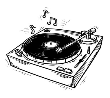 Siyah ve beyaz çizilmiş vinil plak çalar ve müzik notaları