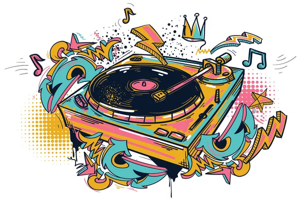 Getrokken Graffiti Draaitafel Muzieknoten Graffiti Pijlen Kleurrijke Muziek Ontwerp — Stockvector